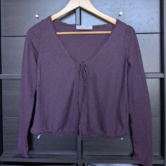 Vintage Miu Miu Cardigan Purple Tie Front Cropped Wool Silk Size 42 Small - Picture 2 of 10
